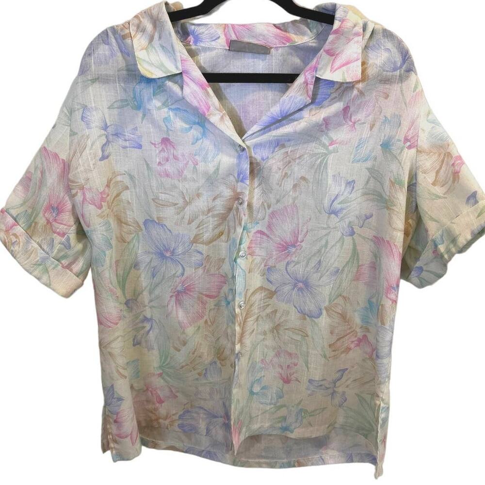 Vintage Floral Watercolor Short-Sleeve Button Up - Carrington Sq - Size 18/20